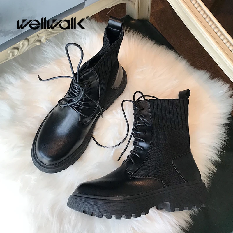 

Women Martens Boots Ankle Bootees Stretch Fabric Motorcycle Riding Equestrian Lace-Up Non Slip Low Chunky Heels Platform