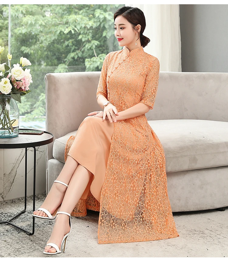 Азиатское кружевное платье qipao современное вьетнамское аозай