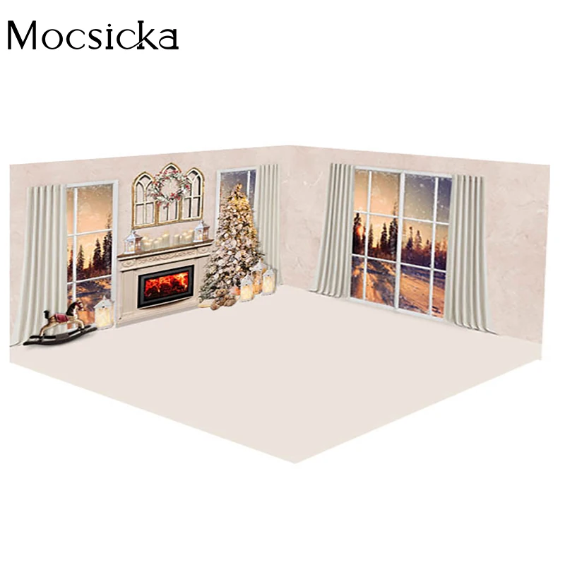 

Winter Snow Window Christmas Backdrop Xmas Tree Gift Decor Photography Kids Family Portrait Photo Props Studio Booth Background