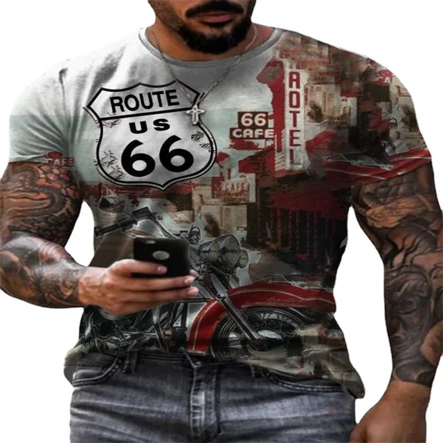 Printed T-shirt 3d Men's Short Sleeve Oversized Clothing Vintage New Summer Fashion American 66 Pattern O Collar Loose T-shirt 6 4