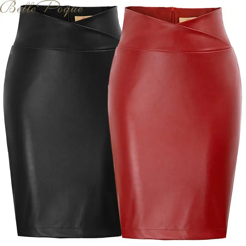 

belle poque 2019 Women PU Leather sexy mini Skirt club skirts Ladies Hip Front or Back Slit Pencil pencils Skirt