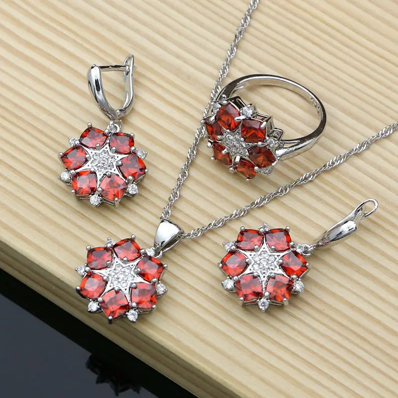 3 PCS Cutely Ювелирные наборы для костюма натуральный 925 серебряные ювелирные изделия Красный с фианитовым камнем дня рождения Шарм модные комплекты украшений для женщин Свадебные и подарки - Окраска металла: 3 PCS