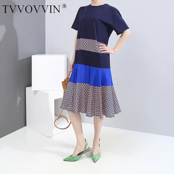 

Loose Women Blue Pattern Printed Temperament Dress New Round Neck Short Sleeve Loose Fit Fashion Tide Spring Summer 2020 QW017