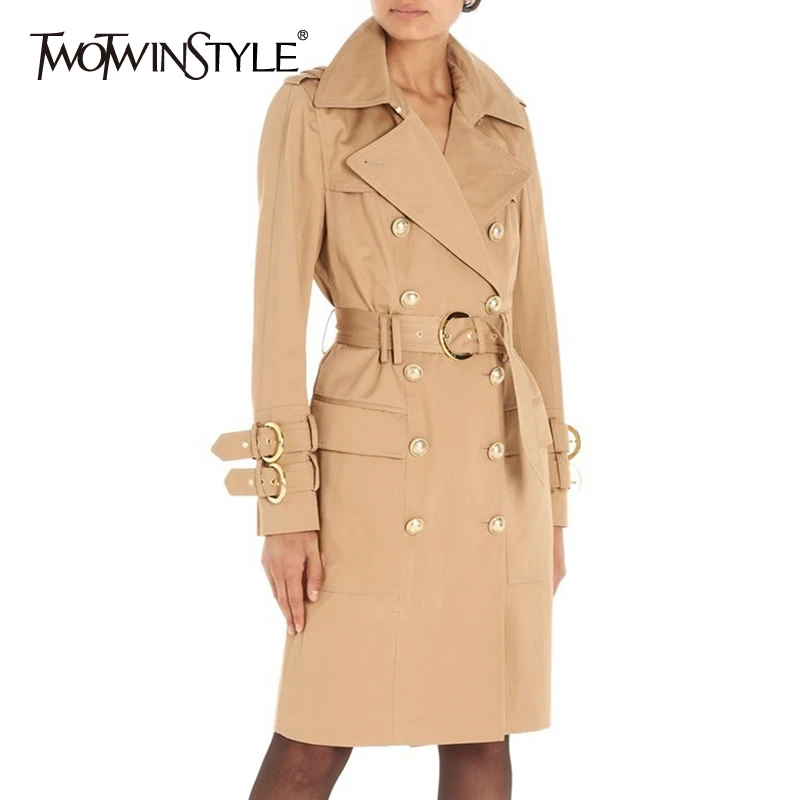 

TWOTWINSTYLE Korean Women's Windbreaker Lapel Collar Long Sleeve High Waist With Sashes Female Coats Autumn Fashion New 2019