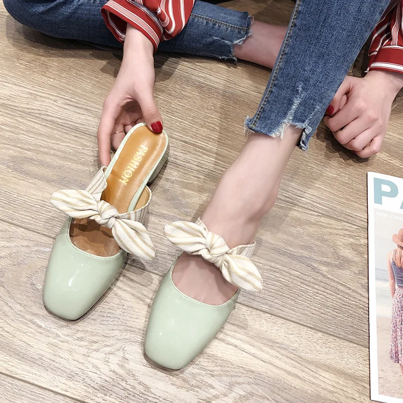 

INS Hong Kong Style Mules Shoes Women's 2019 Summer New Style Korean-style Square Head Closed-toe Chunky-Heel Bow Lazy Slipper