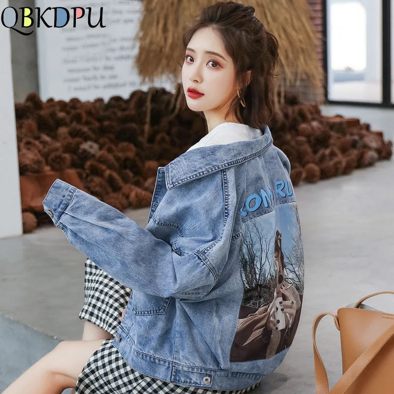 

Vintage Spring basis concise Printed Jeans Jacket Women Boyfriend Loose Harajuku Short Denim Jacket Streetwear Mujer Feminina