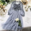 Korean Chic Autumn Women Long Fairy Dress V Neck Bluish Grey Green Pink Polka Dot Mesh Dress Elegant Gorgeous 2 Pcs Party Dress ► Photo 2/6