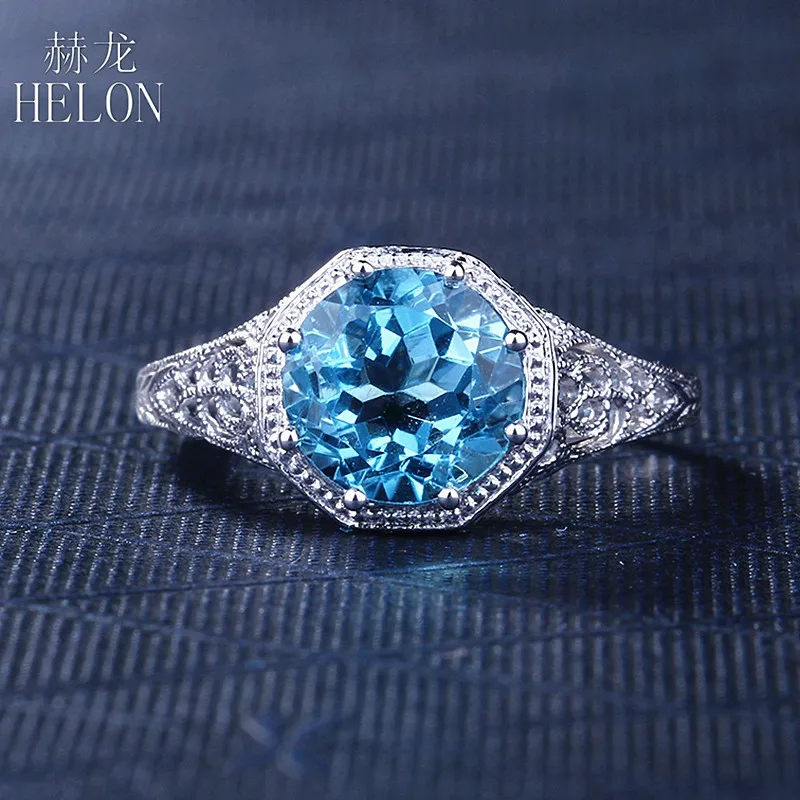 HELON 925 Sterling Silver Certified Round 2.3ct Genuine Natural Blue Topaz Engagement Ring Women Vintage Jewelry Gemstone Ring