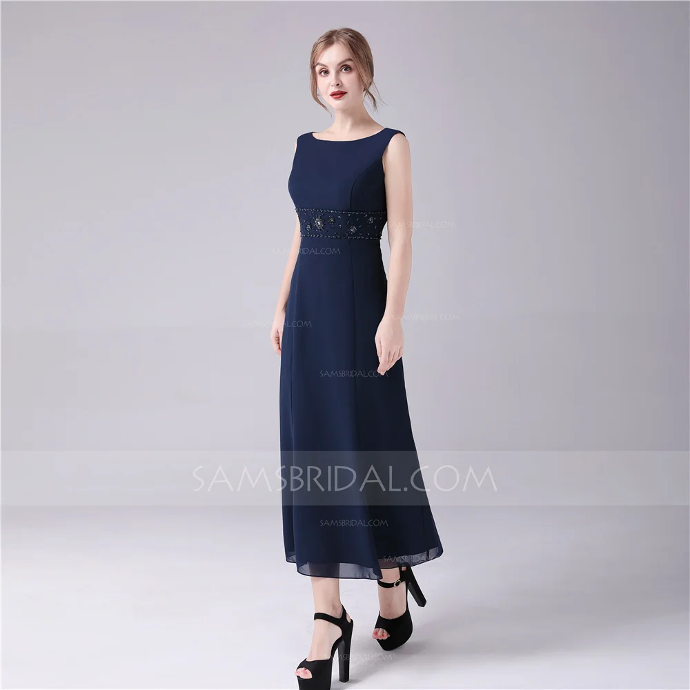 Sheath / Column Jewel Tea-length Chiffon Evening Dress with Sequined