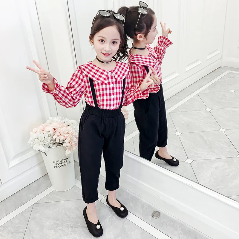 Casual Baby Girls Clothes New Plaid Cotton Shirts+ Suspender Pants 2PC Sets Fashion Kids Outfits Vestidos for 6 8 10 12 Years