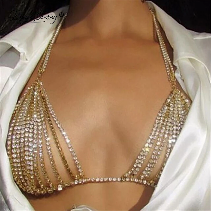 DAVYDAISY Women Rhinestone Bras Hot Metal Chain Crystal Bralette Beach Club Wear Tops Fashion Body Chain Sexy Lingerie BR052