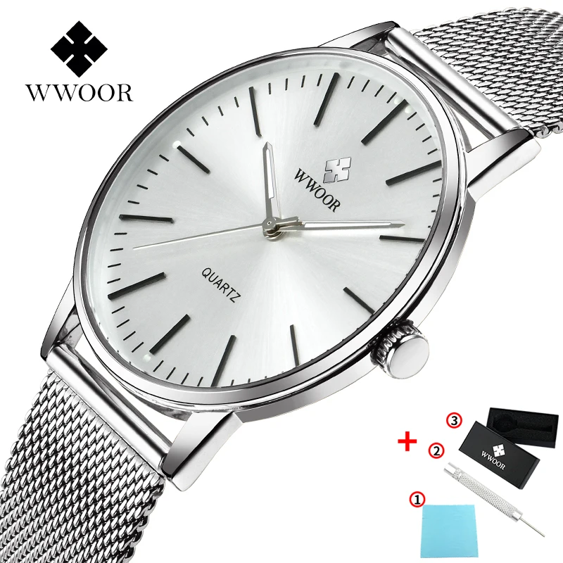 white WWOOR часы мужские модные часы лучший бренд класса люкс кварцевые часы мужские повседневные тонкие сетчатые стальные водонепроницаемые спортивные часы Подарки для мужчин - Цвет: white
