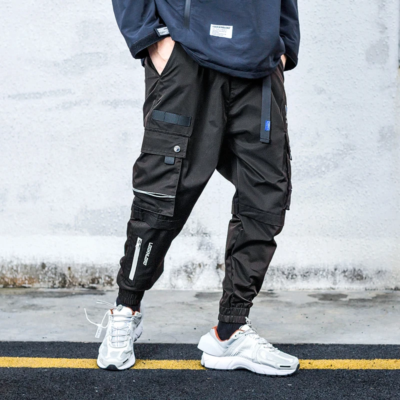 

Men Ribbons Color Block Black Pocket Cargo Pants 2019 Harem Joggers Harajuku Sweatpant Hip Hop Trousers