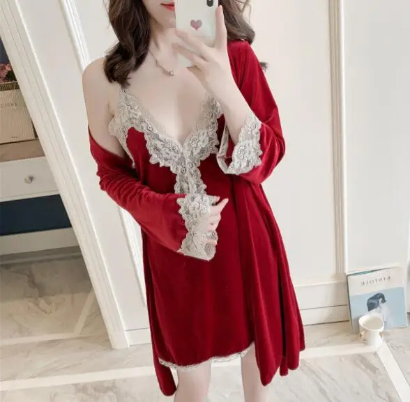 Осень-зима Для женщин одежда для сна пикантный Халат Robe комплекты из бархатного плюша 2 шт. пижамный комплект с принтом человека-кружевная ночная сорочка халаты одежда для сна - Цвет: as picture