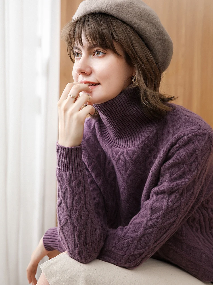 

New high neck sweater women's twist flower 100% cashmere sweater knitted thin thickened pure wool bottomed sweater