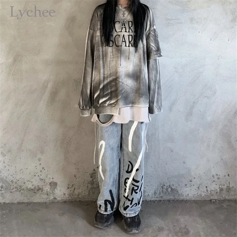 Lychee Harajuku яркое женское спортивный костюм с дырками в стиле пэчворк Женский свитшот с принтом в виде надписи женские пуловеры толстовка