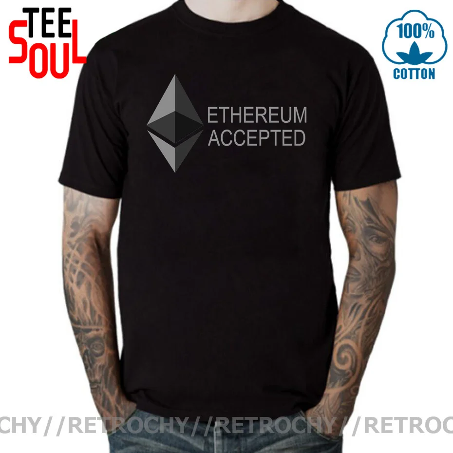 Retrochy Ethereum Cryptocurrency Miners TShirt Bitcoin Crypto ETHEREUM Accepted Letter Print T Shirt men Funny Tee | Мужская одежда