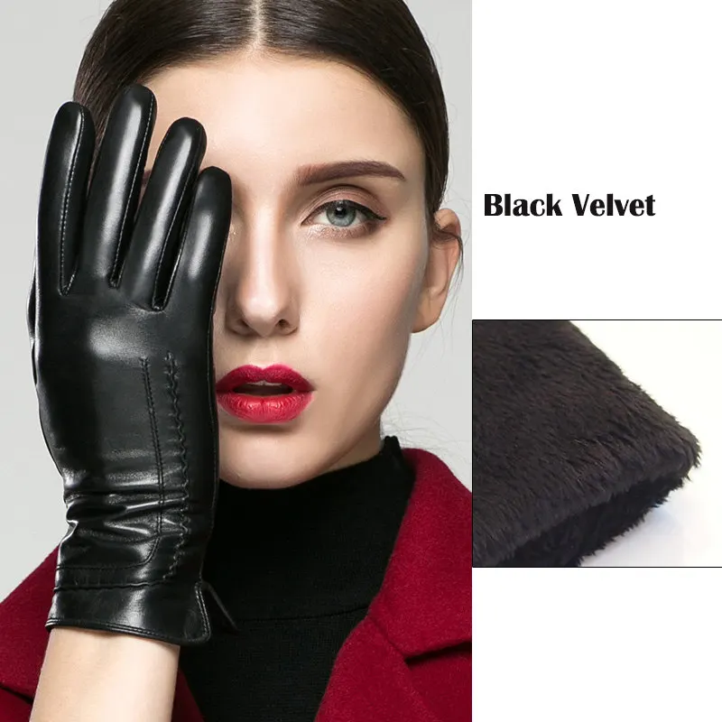 Черный Настоящие кожаные женские перчатки осень зима короткий стиль высокое качество козья кожа плюс бархат держать тепло вождения женские перчатки K31 - Цвет: Черный
