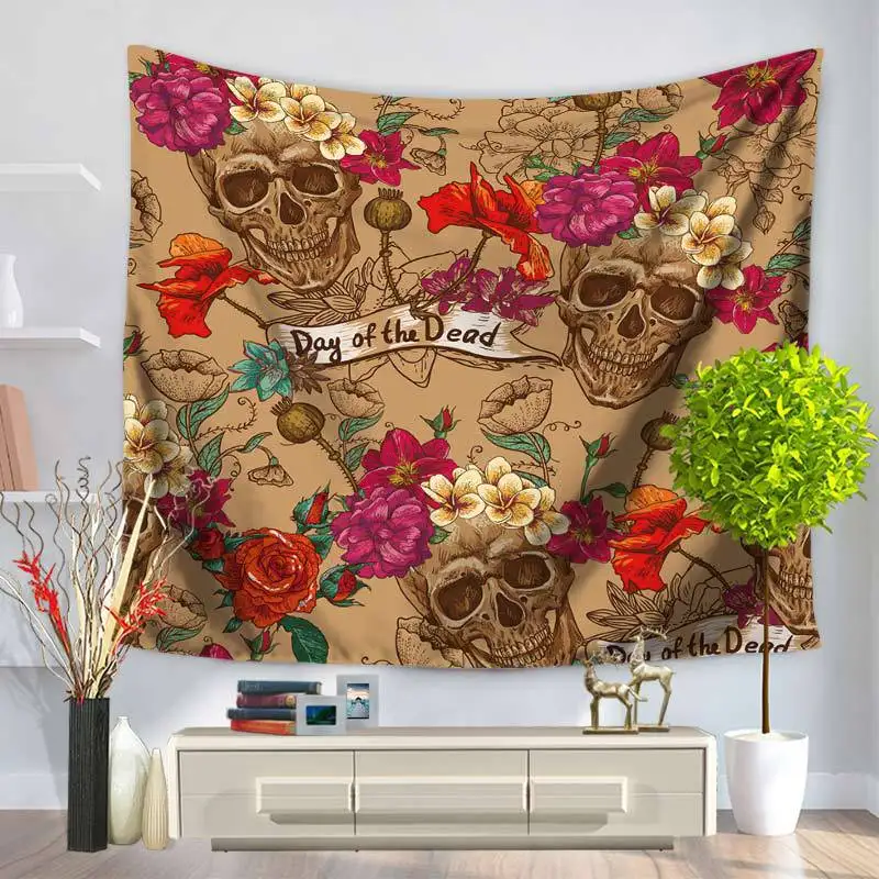 

Sugar Skull Tapestry Fabric Wall Hanging Floral Bed Sheet Black Modern Bedclothes Beach Mat Microfiber Bedspreads TAP38