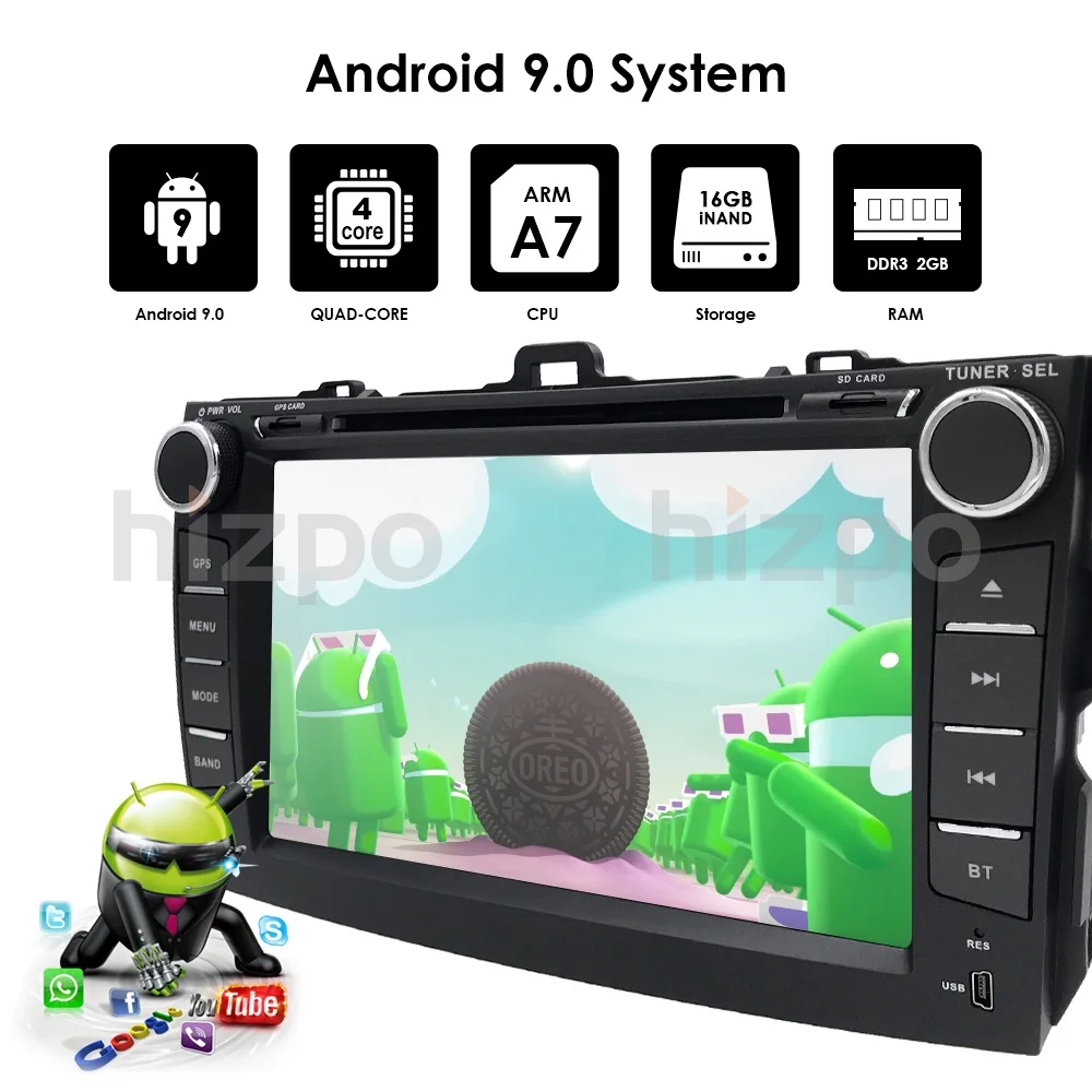 Два Din Android 9.0 автомобильный dvd-плеер для Toyota Corolla 2007-2011 Радио стерео Поддержка gps wifi 4G Bluetooth wifi OBD2 DAB+ камера