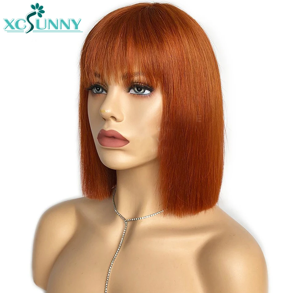 Perucas de Cabelo Humano com Franja Curto em Linha Peruca com o Topo do Couro Brasileiro para as Mulheres Coppery Reta Completa Máquina Feita Cabeludo Remy Xcsunny Bob 4 Bob perucas de cabelo humano com franja