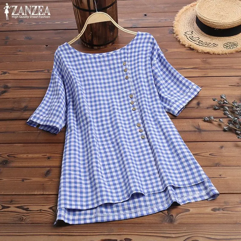 Для женщин блузка в клетку стильные летние топы ZANZEA Кнопка Blusas женский короткий рукав футболки женские повседневные Туника сорочка