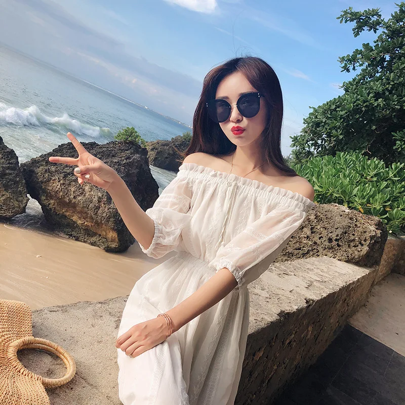 Белоснежная Праздничная пляжная юбка платье с открытыми плечами Xian Qi Длинная летняя юбка с открытыми плечами