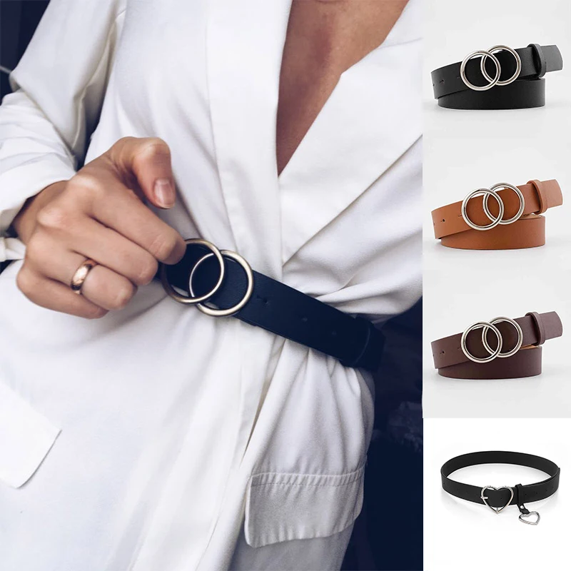 Double Ring Women Belt Fashion Waist Belt PU Leather Metal Buckle Heart