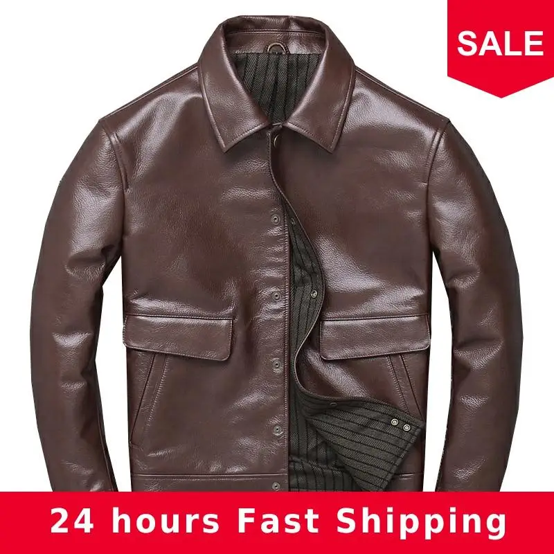 

2020 Dark Brown Men Retro Smart Casual Leather Jacket Plus Size XXXXL Genuine Cowhide Russian Winter Natural Leather Coat