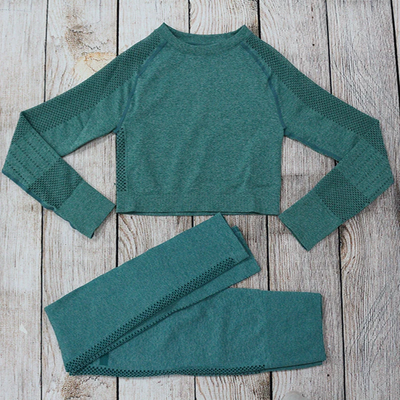 Dark Green Женский комплект для йоги, женская повседневная одежда с длинным рукавом для йоги, фитнеса, йоги, дышащие леггинсы+ укороченные рубашки для девочек, облегающая женская спортивная одежда - Цвет: Dark Green