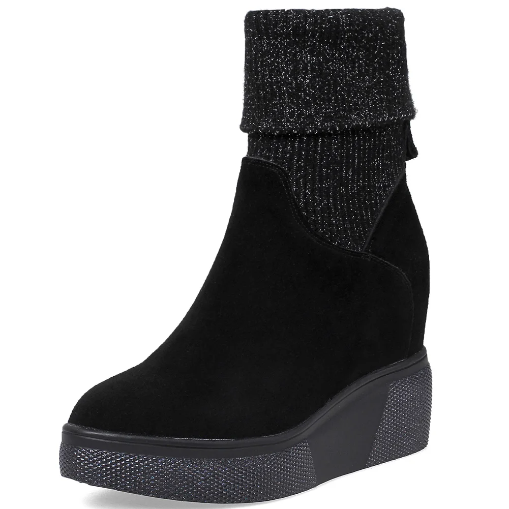 black no fur DORATASIA/Новинка, размеры 32-40, дамские носки, ботинки из натуральной кожи и замши на платформе, женская обувь, высокая женская обувь, увеличивающая рост - Цвет: black no fur
