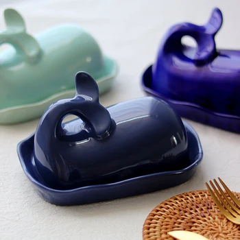 

Creative whales shaped butter plate ceramic tableware kitchen dishes oiler for butter dish breadbasket with lid Food container