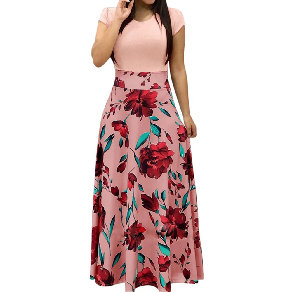 short sleeve pink LITTHING Винтаж Цветочный принт лоскутное длинное платье Для женщин Повседневное короткий рукав вечерние платья с круглым вырезом женские макси платье Открытое платье без рукавов - Цвет: short sleeve pink