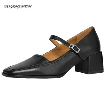 

French Vintage Retro Style Mary Jane Shoes Leather Word with Buckle Square Toe Medium Thick Heel Shoes Women Autumn High Heels