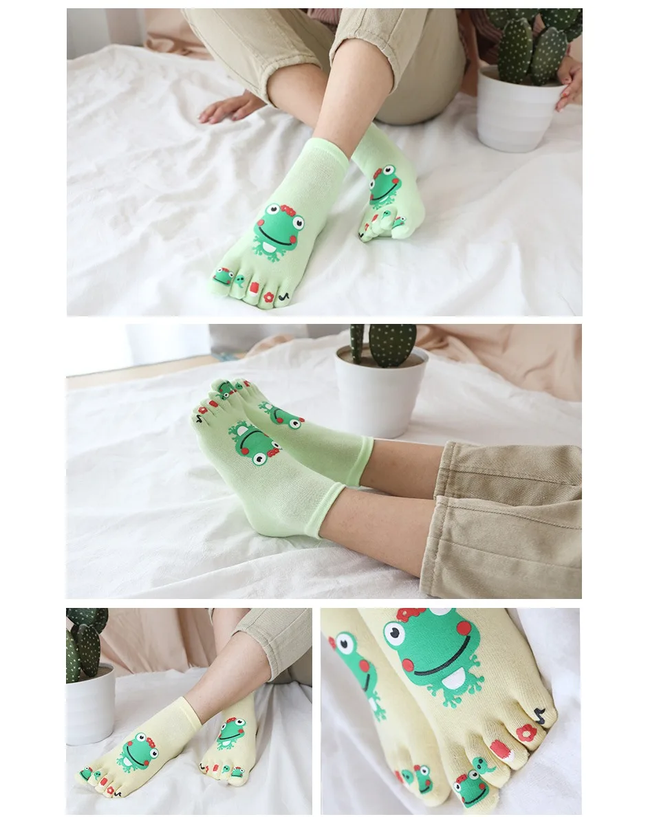 bamboo socks for women VERIDICAL Cute Ankle Five Finger Socks Woman Cotton Frog Printing Fashion Harajuku Girl No Show Socks With Toes Novelty EU 36-39 nike socks women