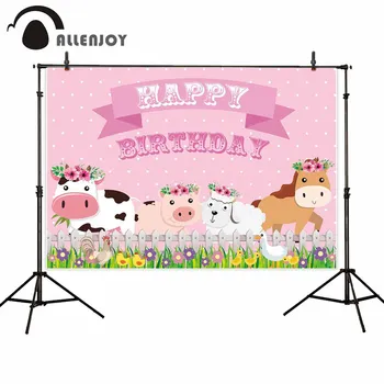 

Allenjoy Zenon Farmhouse Photocall Dot Pig Cow Sheep Horse Flower Grassland Fence Pink Backdrop Girl Happy Birthday Party Banner
