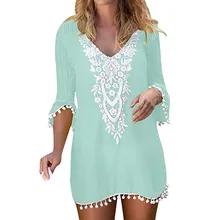 2019 Sexy Beach Dress Women Pom Pom Trim Tassel Beach Tunics Patchwork Lace Crochet Swimwear Beach Cover Up