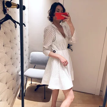 

Women Dress Early Autumn Lace Versatile Hollow V-neck Two-piece Dress