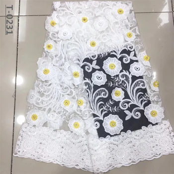 

White beaded flower lace fabric delicate embroidery French tulle lace fabric 5 yards with beads for party wedding