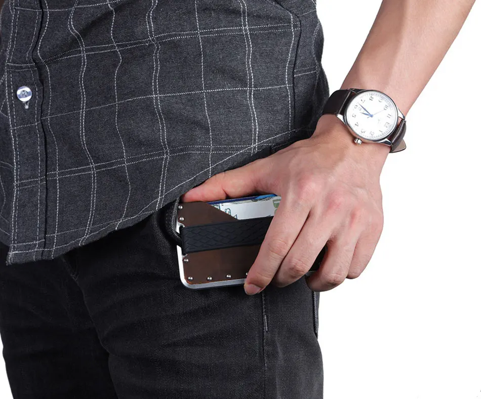 RFID Блокировка, кредитный держатель для карт, мужские минималистичные кошельки, тонкий алюминиевый металлический кожаный держатель для карт, мужской Карманный держатель кредитной карты, Новинка
