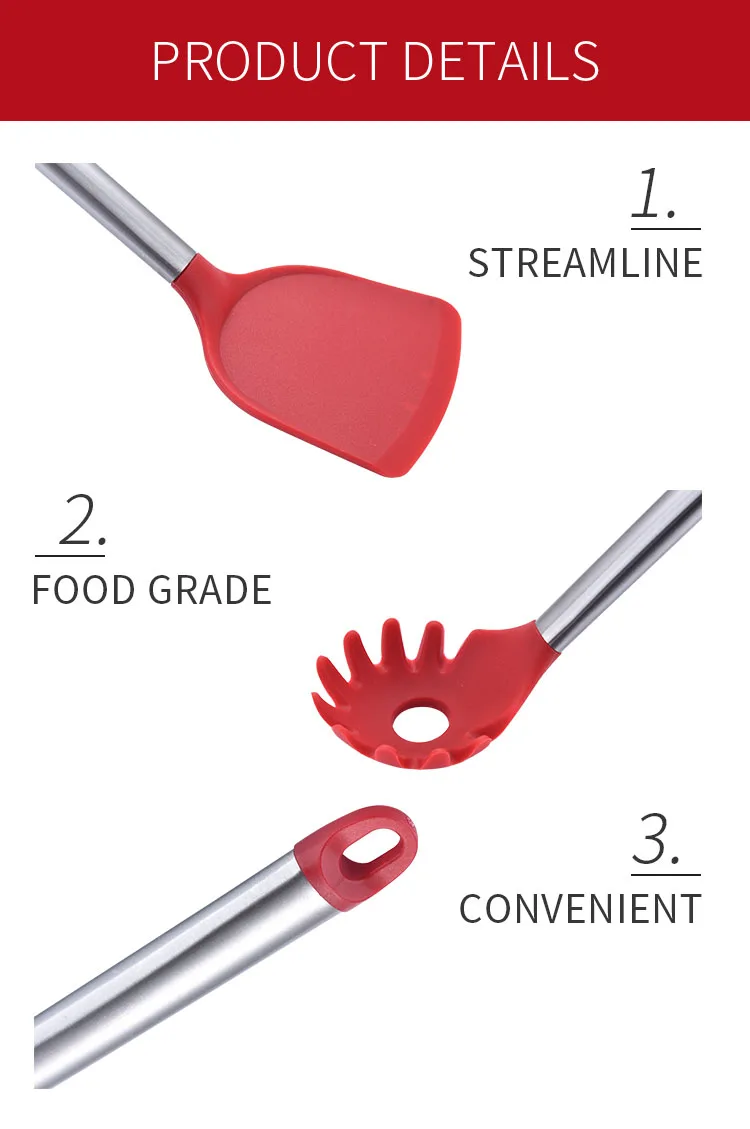 Нержавеющая сталь+ силикон кухонная утварь кухонные инструменты Тернер суповая Ложка ситечко Паста Сервер яйцо венчик лопатка еда щипцы красный