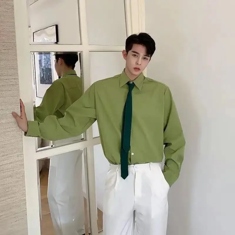 

Send Tie Men's Top Casual Green Color Shirts Fashionable Long Sleeve Shirt Loose Lapel Collar Clothes Camisa Masculina M-2XL
