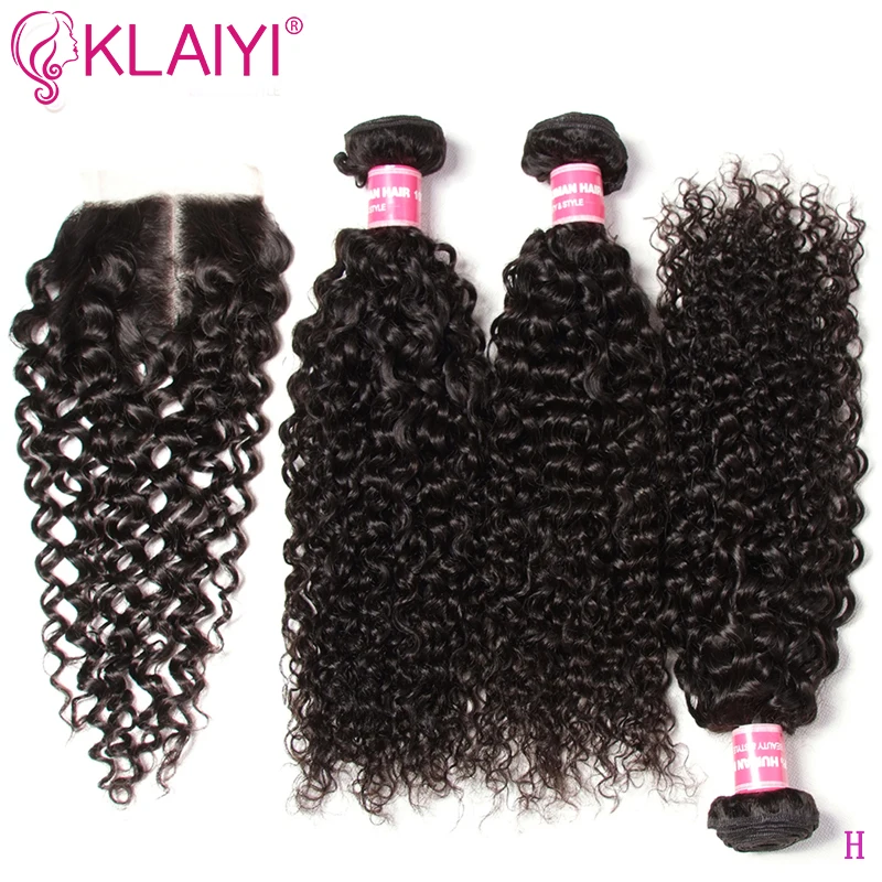 

Klaiyi Hair Bundles With Closure Malaysian Curly Hair With Closure Free Middle Three Part 100% Remy Human Hair Weave Bundles
