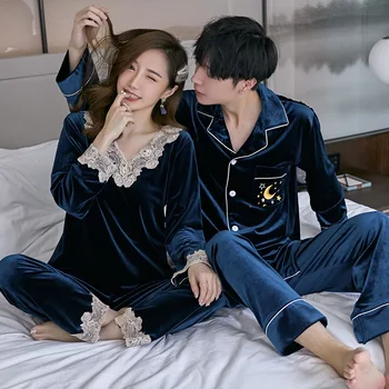 

Couple Velour Pajamas Autumn Gold Velvet Long Sleeve Fashion Women Nightwear Loose Men Pyjama Sets Plus Size Home Clothes