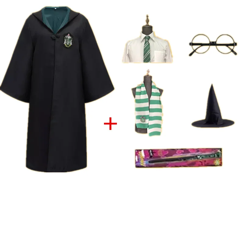 Slytherin Плащ-накидка, шарф с галстуком-шарфом, палочка, очки Ravenclaw Gryffindor Hufflepuff, костюм Слизерин для взрослых, детский маскарадный костюм - Цвет: Slytherin