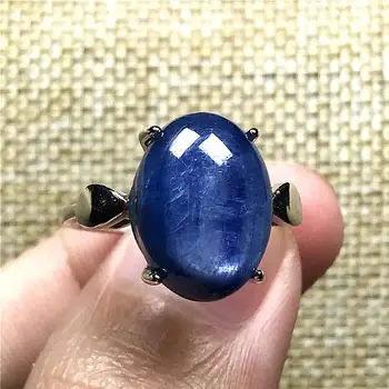 

14x10mm Top Natural Blue Kyanite Crystal Ring For Woman Men Oval Love Silver Cat Eye Beads Silver Adjustable Ring Jewelry AAAAA