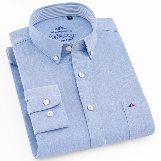 Light Blue Мужская рубашка в Оксфордском стиле из хлопка с длинным рукавом и закругленным карманом, плотные повседневные рубашки на пуговицах - Цвет: Light Blue
