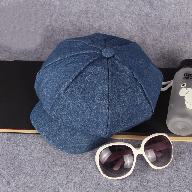 New Women Leisure Octagonal Hat Ladies Denim Beret Hat Cowboy Cap Newsboy Gatsby Cap Octagonal Baker Peaked Beret Driving