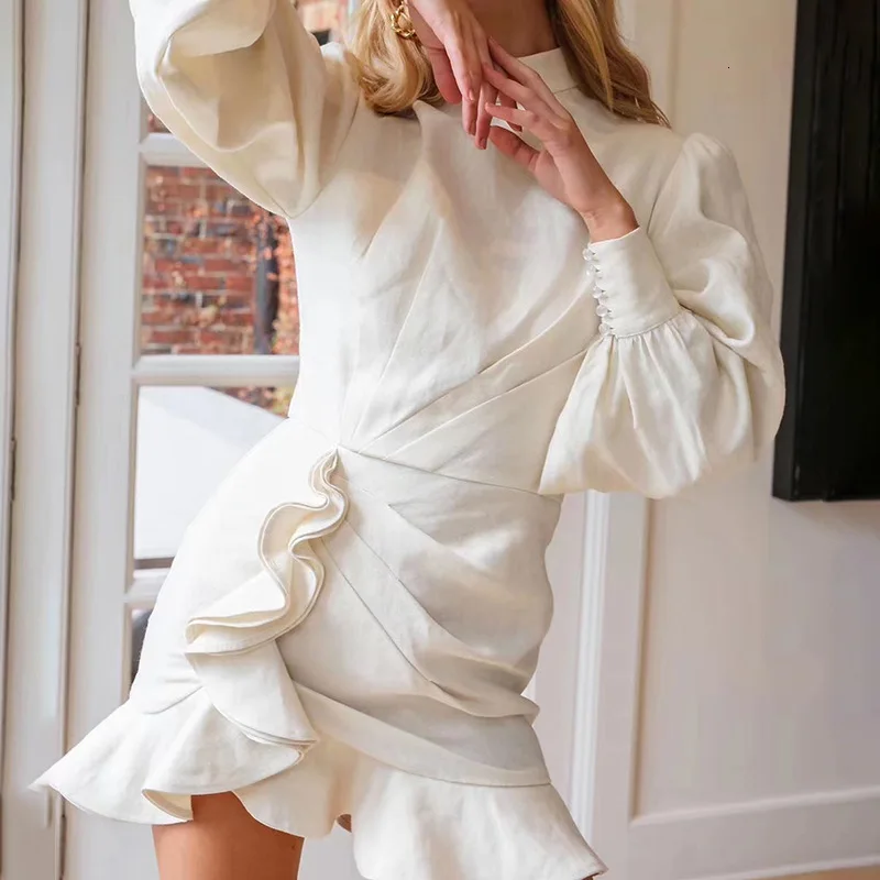 

White Long Lantern SLeeve Dress Top Quality Sexy Bodycon Women Night Club Fashion Evening Party Dress