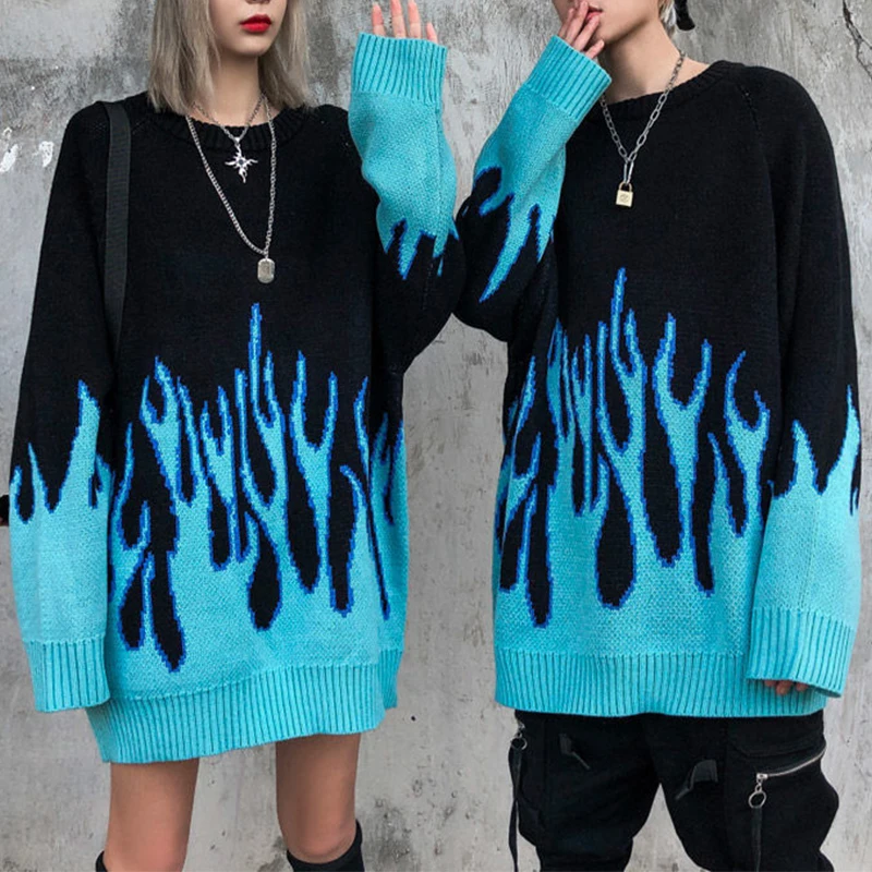 

Sweater Women Men Streetwear Retro Flame Pattern Hip Hop Autumn New Full Sleeve O-Neck Oversize Couple Casual Midi Sweaters